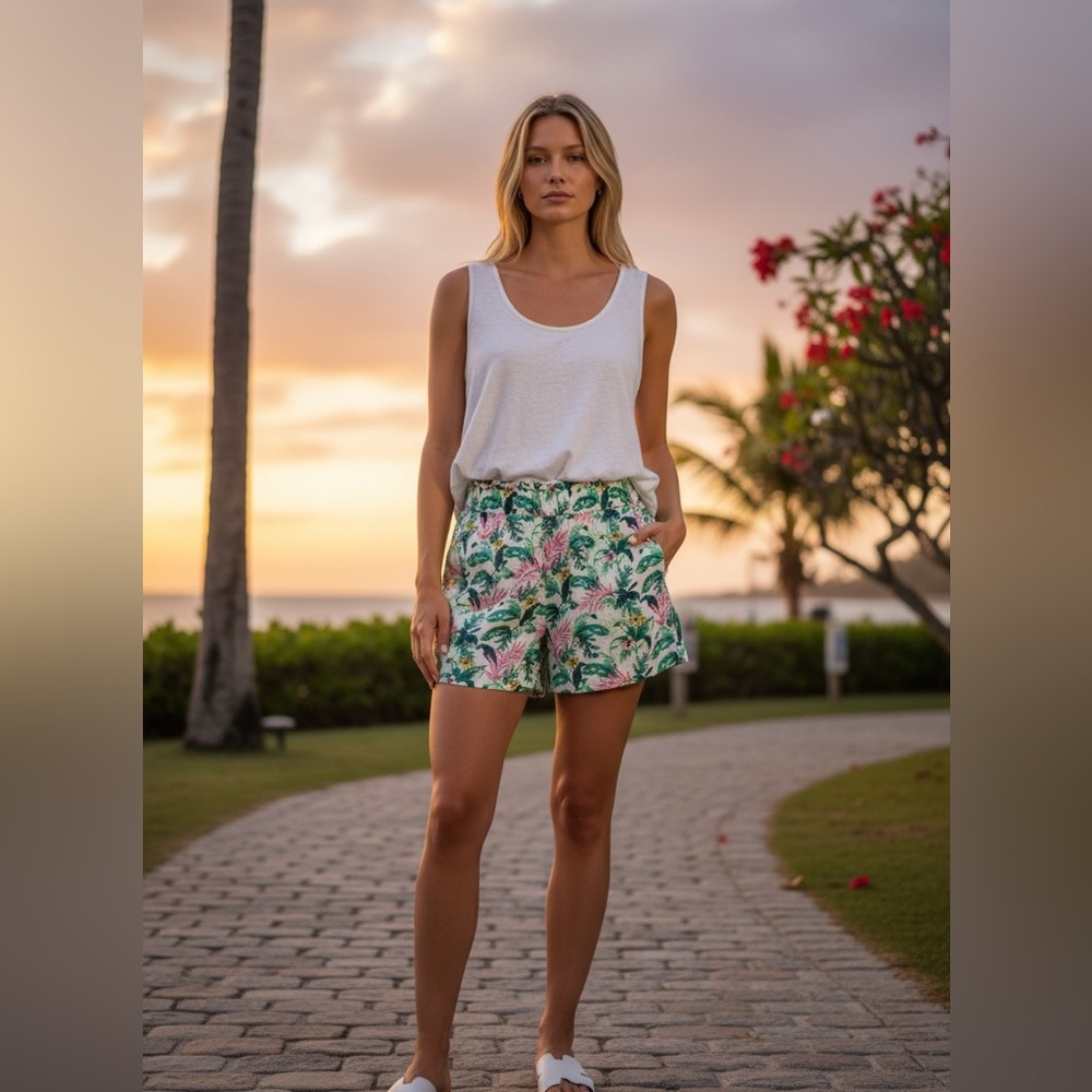 LOFT Tropical Leaf Print High-Rise Linen Blend Shorts Elastic Waist Med Pockets